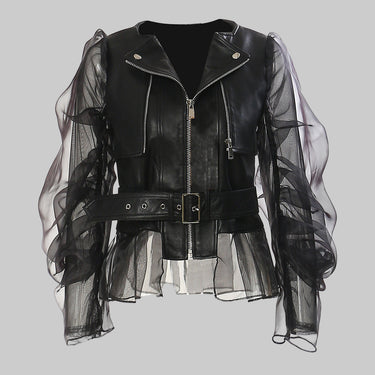 Domineering Stitching Mesh Transparent Leather Coat Motorcycle Jacket Jacket for Women